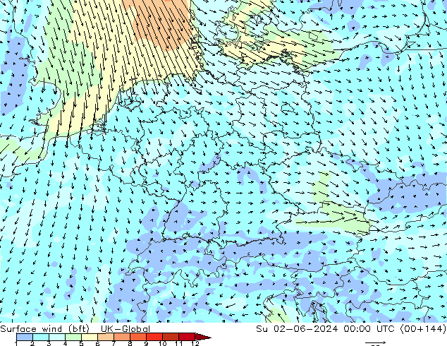 Surface wind (bft) UK-Global Su 02.06.2024 00 UTC