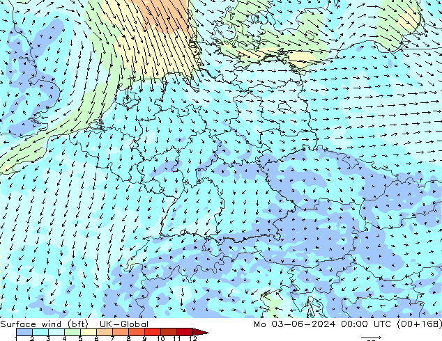 Rüzgar 10 m (bft) UK-Global Pzt 03.06.2024 00 UTC
