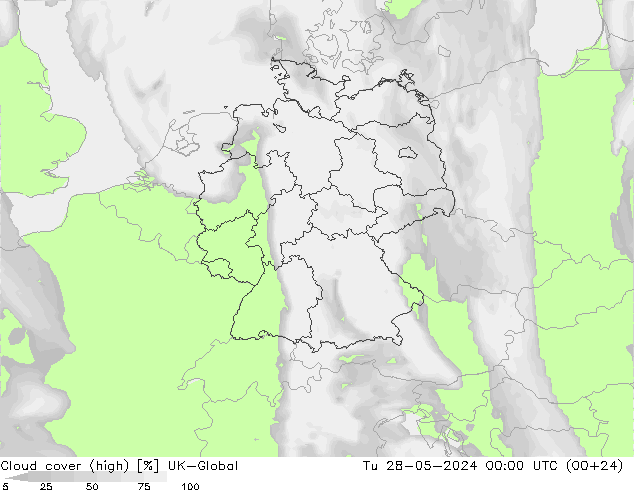 Cloud cover (high) UK-Global Tu 28.05.2024 00 UTC