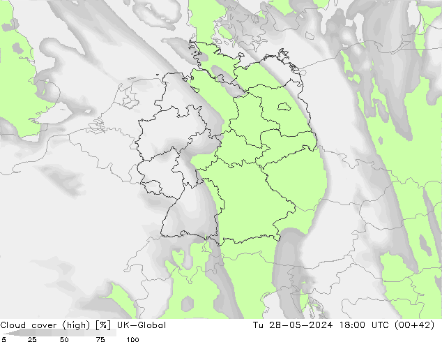 Cloud cover (high) UK-Global Tu 28.05.2024 18 UTC