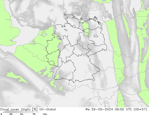 Cloud cover (high) UK-Global We 29.05.2024 09 UTC