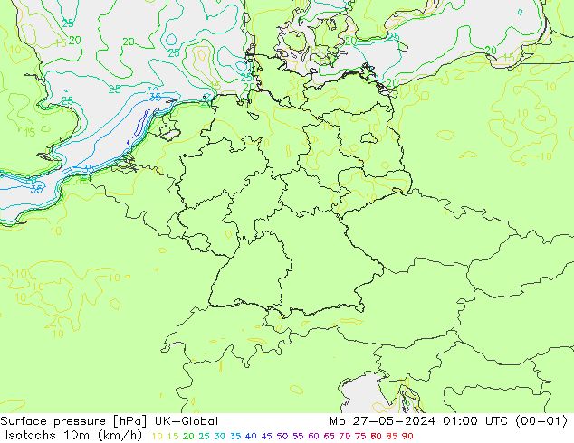 Isotachen (km/h) UK-Global ma 27.05.2024 01 UTC