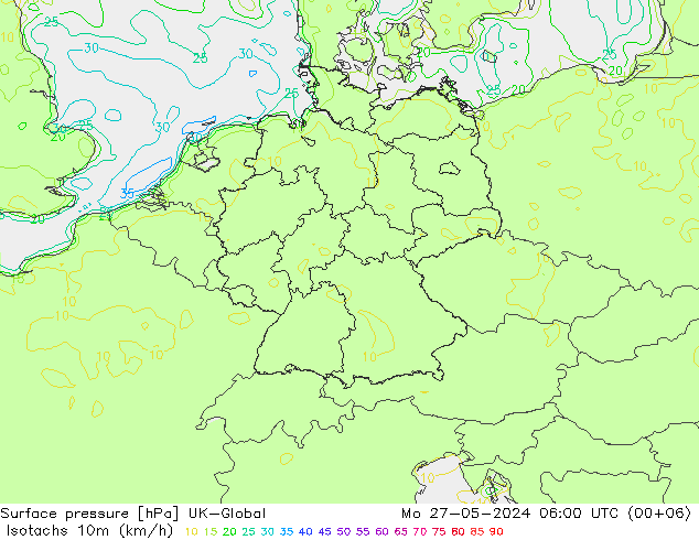 Isotachs (kph) UK-Global пн 27.05.2024 06 UTC