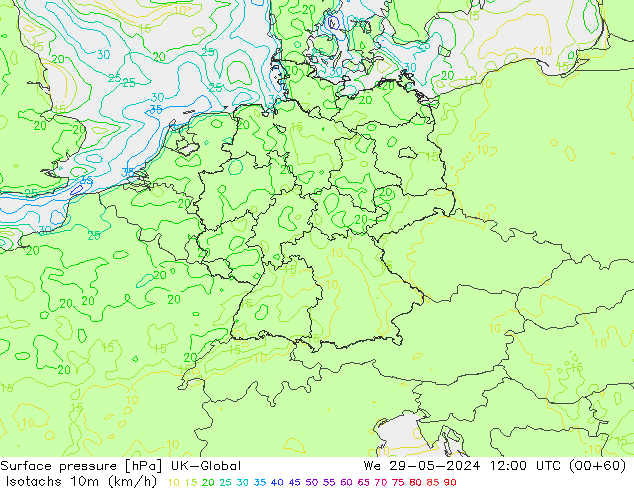 Izotacha (km/godz) UK-Global śro. 29.05.2024 12 UTC