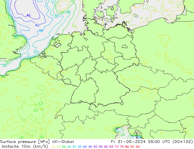 Isotachen (km/h) UK-Global Fr 31.05.2024 06 UTC