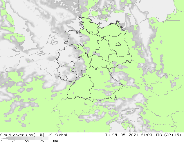 Cloud cover (low) UK-Global Tu 28.05.2024 21 UTC