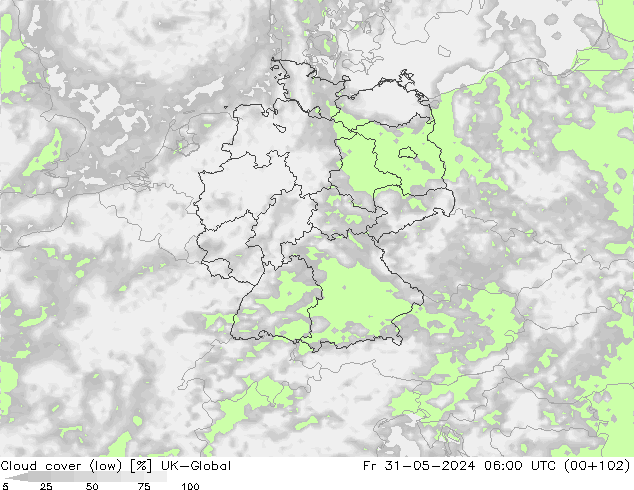 Cloud cover (low) UK-Global Fr 31.05.2024 06 UTC