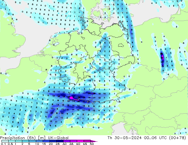 Precipitation (6h) UK-Global Čt 30.05.2024 06 UTC