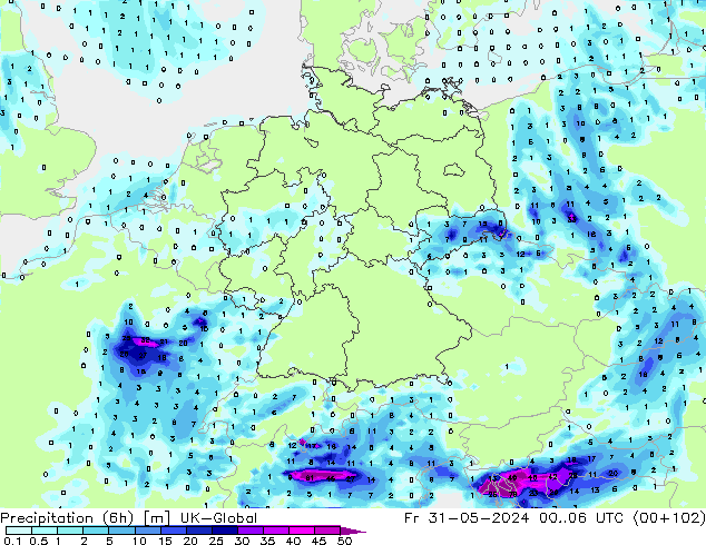 Precipitation (6h) UK-Global Pá 31.05.2024 06 UTC