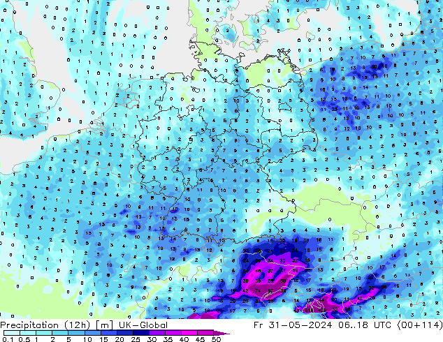 Precipitation (12h) UK-Global Pá 31.05.2024 18 UTC