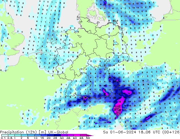 Precipitation (12h) UK-Global So 01.06.2024 06 UTC