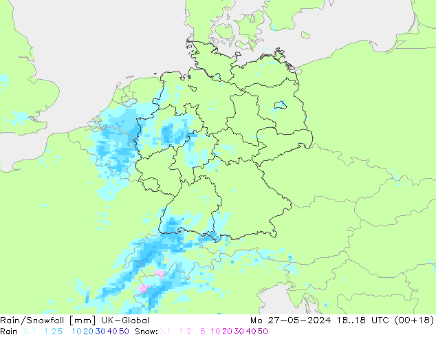 Rain/Snowfall UK-Global Mo 27.05.2024 18 UTC