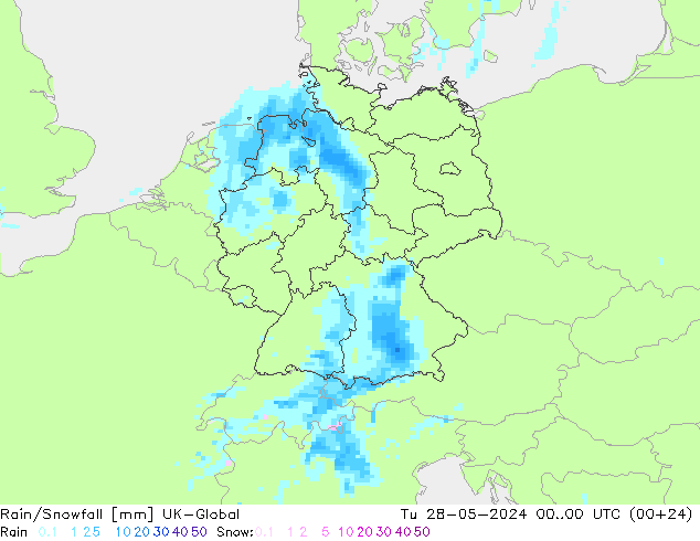 Regen/Schneefall UK-Global Di 28.05.2024 00 UTC