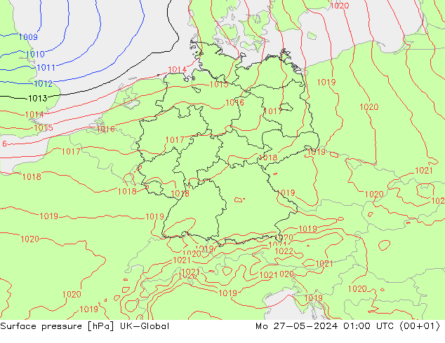 Surface pressure UK-Global Mo 27.05.2024 01 UTC