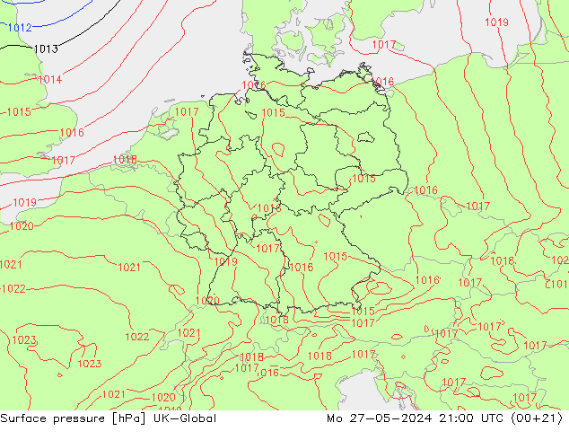 Surface pressure UK-Global Mo 27.05.2024 21 UTC