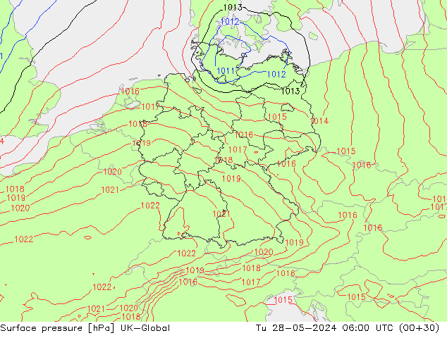 Surface pressure UK-Global Tu 28.05.2024 06 UTC