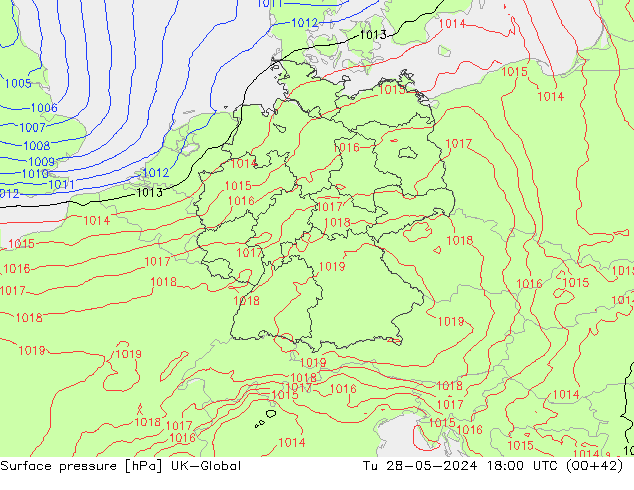 Surface pressure UK-Global Tu 28.05.2024 18 UTC