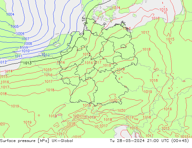 Atmosférický tlak UK-Global Út 28.05.2024 21 UTC