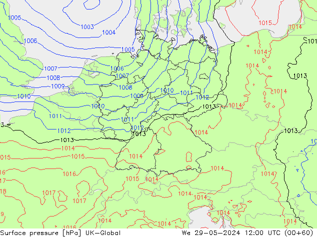 Pressione al suolo UK-Global mer 29.05.2024 12 UTC