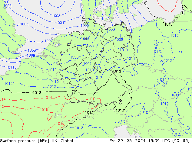 Pressione al suolo UK-Global mer 29.05.2024 15 UTC