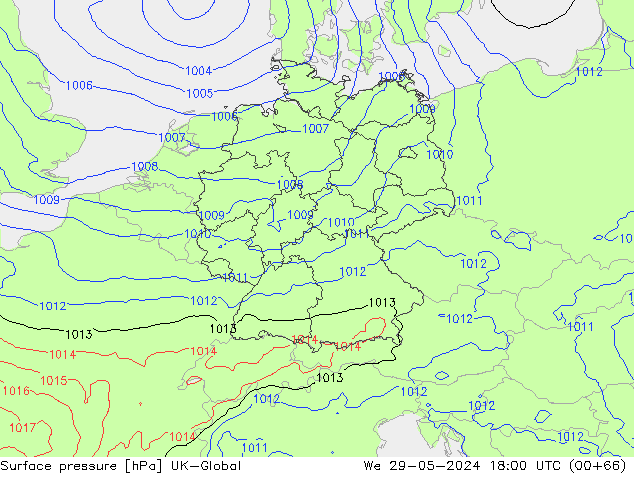 Pressione al suolo UK-Global mer 29.05.2024 18 UTC