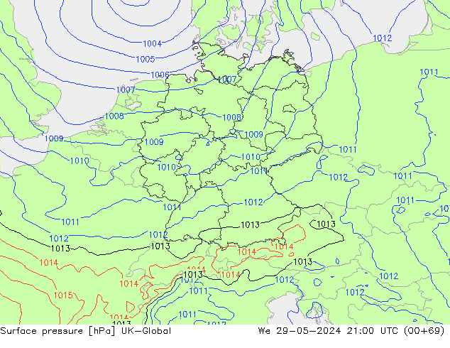 Surface pressure UK-Global We 29.05.2024 21 UTC