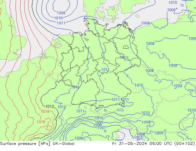 Pressione al suolo UK-Global ven 31.05.2024 06 UTC