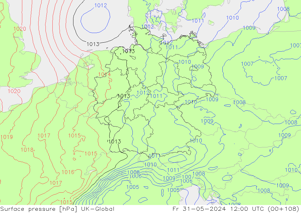 Surface pressure UK-Global Fr 31.05.2024 12 UTC