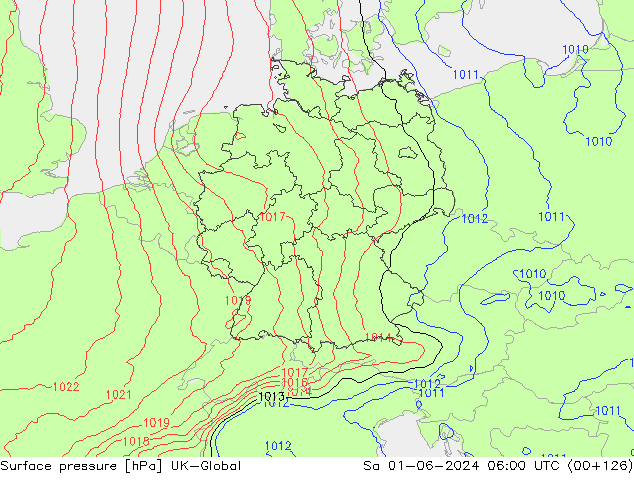 Pressione al suolo UK-Global sab 01.06.2024 06 UTC