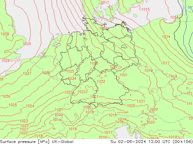 Pressione al suolo UK-Global dom 02.06.2024 12 UTC