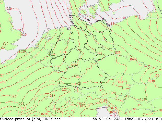 Pressione al suolo UK-Global dom 02.06.2024 18 UTC