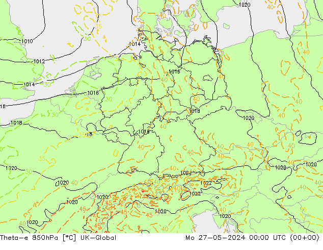 Theta-e 850hPa UK-Global Mo 27.05.2024 00 UTC