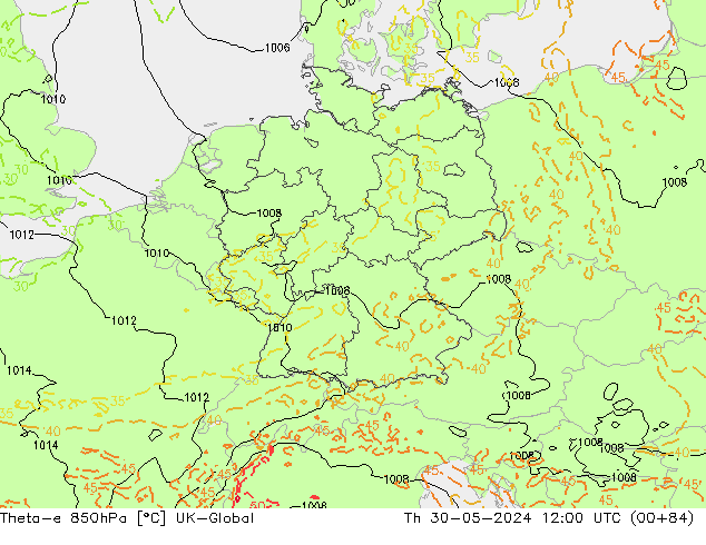 Theta-e 850hPa UK-Global  30.05.2024 12 UTC