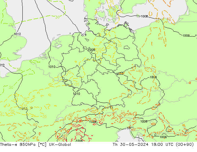 Theta-e 850hPa UK-Global Do 30.05.2024 18 UTC