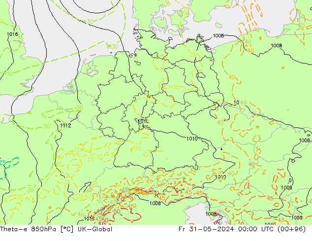 Theta-e 850hPa UK-Global vr 31.05.2024 00 UTC