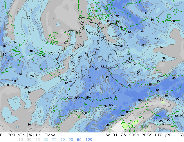 Humidité rel. 700 hPa UK-Global sam 01.06.2024 00 UTC