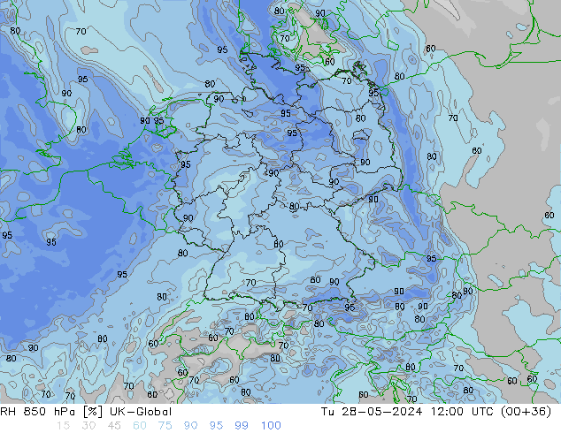 RH 850 hPa UK-Global Tu 28.05.2024 12 UTC