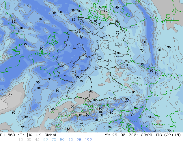 RH 850 hPa UK-Global We 29.05.2024 00 UTC