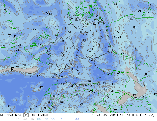 RH 850 hPa UK-Global Do 30.05.2024 00 UTC