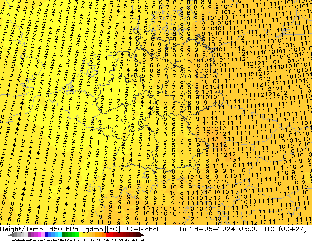 Height/Temp. 850 hPa UK-Global Di 28.05.2024 03 UTC