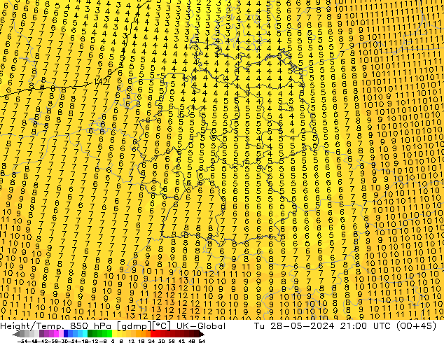 Height/Temp. 850 hPa UK-Global Tu 28.05.2024 21 UTC