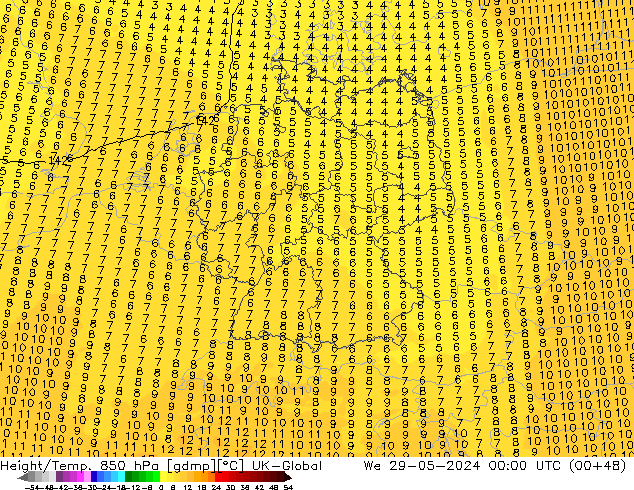 Hoogte/Temp. 850 hPa UK-Global wo 29.05.2024 00 UTC