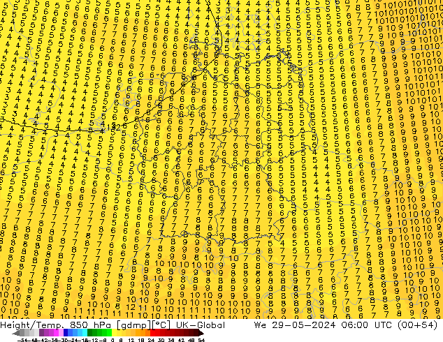 Height/Temp. 850 hPa UK-Global śro. 29.05.2024 06 UTC