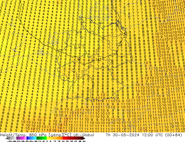 Height/Temp. 850 hPa UK-Global Qui 30.05.2024 12 UTC