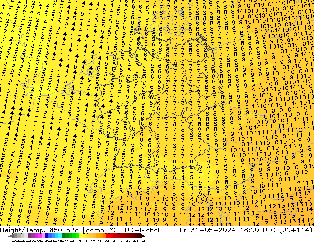 Height/Temp. 850 hPa UK-Global Fr 31.05.2024 18 UTC