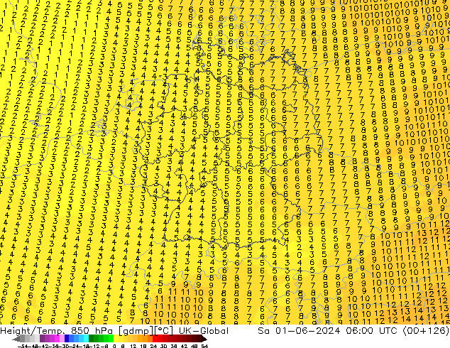 Height/Temp. 850 hPa UK-Global Sáb 01.06.2024 06 UTC