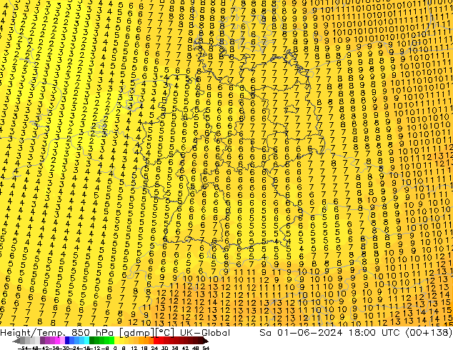 Geop./Temp. 850 hPa UK-Global sáb 01.06.2024 18 UTC