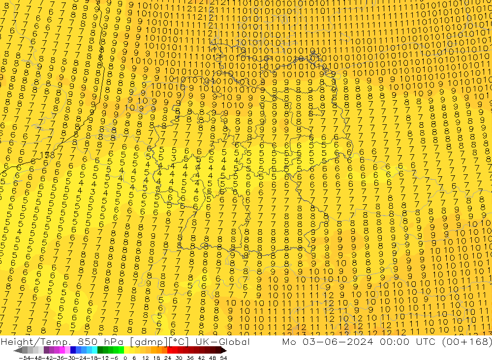 Hoogte/Temp. 850 hPa UK-Global ma 03.06.2024 00 UTC