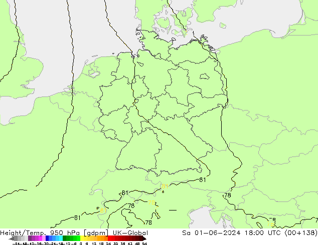 Height/Temp. 950 hPa UK-Global so. 01.06.2024 18 UTC
