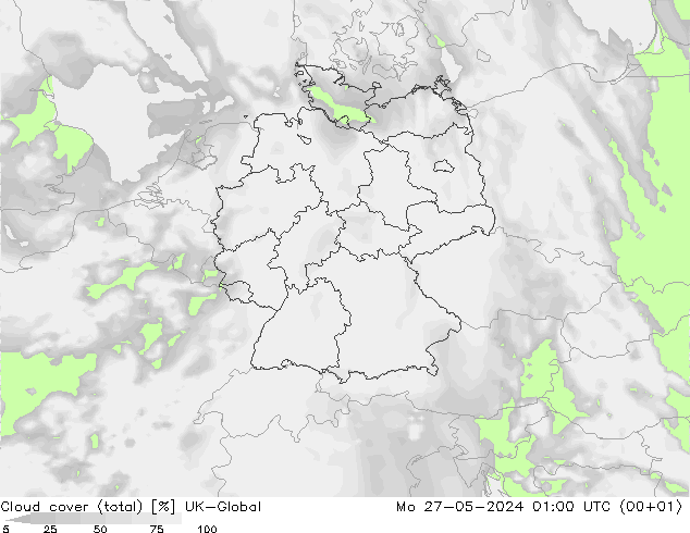 Bewolking (Totaal) UK-Global ma 27.05.2024 01 UTC